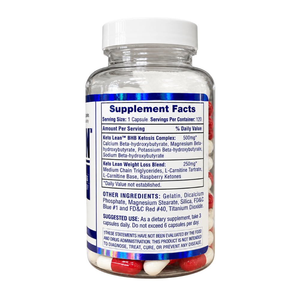 A clear plastic bottle of Keto Lean dietary supplement capsules with a white cap and a white label featuring blue text and borders. Red and white capsules are visible inside the bottle.