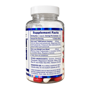 A clear plastic bottle of keto lean weight loss blend capsules with a white cap, showing red and white capsules inside. The front label features blue and white text detailing supplement facts.