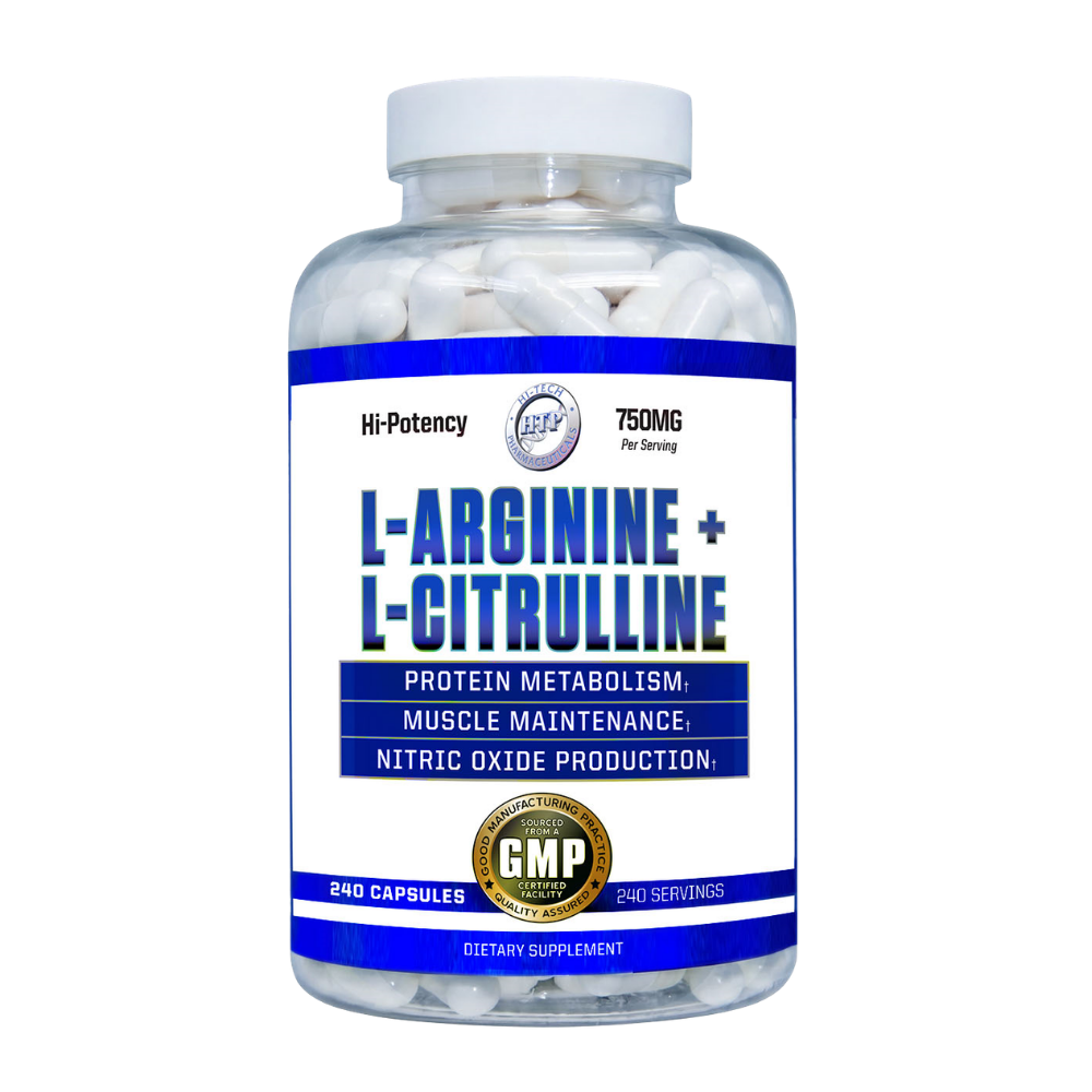 Hi-Tech Pharmaceuticals L-Arginine + Citrulline 240 Capsules supplement bottle on a white background.
