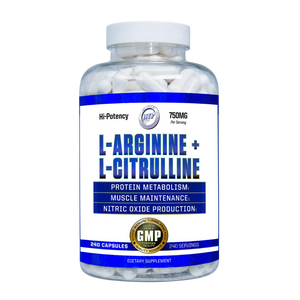 Hi-Tech Pharmaceuticals L-Arginine + Citrulline 240 Capsules supplement bottle on a white background.