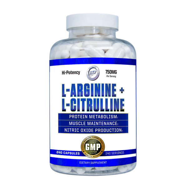 Hi-Tech Pharmaceuticals L-Arginine + Citrulline 240 Capsules supplement bottle on a white background.