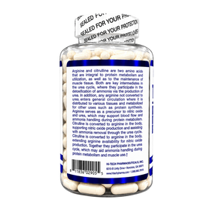 A clear plastic bottle of dietary supplements containing white capsules, shown from the back. The bottle has a white cap with a seal strip and a white label with blue text and a blue barcode.
