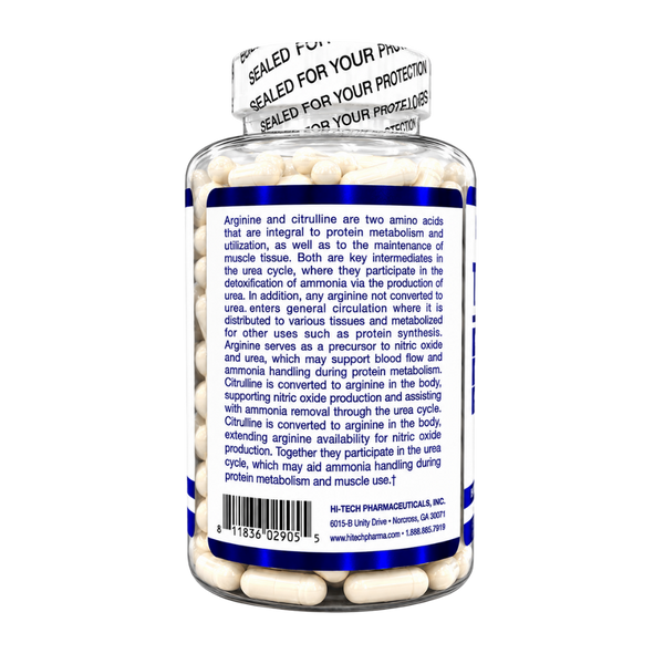 A clear plastic bottle of dietary supplements containing white capsules, shown from the back. The bottle has a white cap with a seal strip and a white label with blue text and a blue barcode.