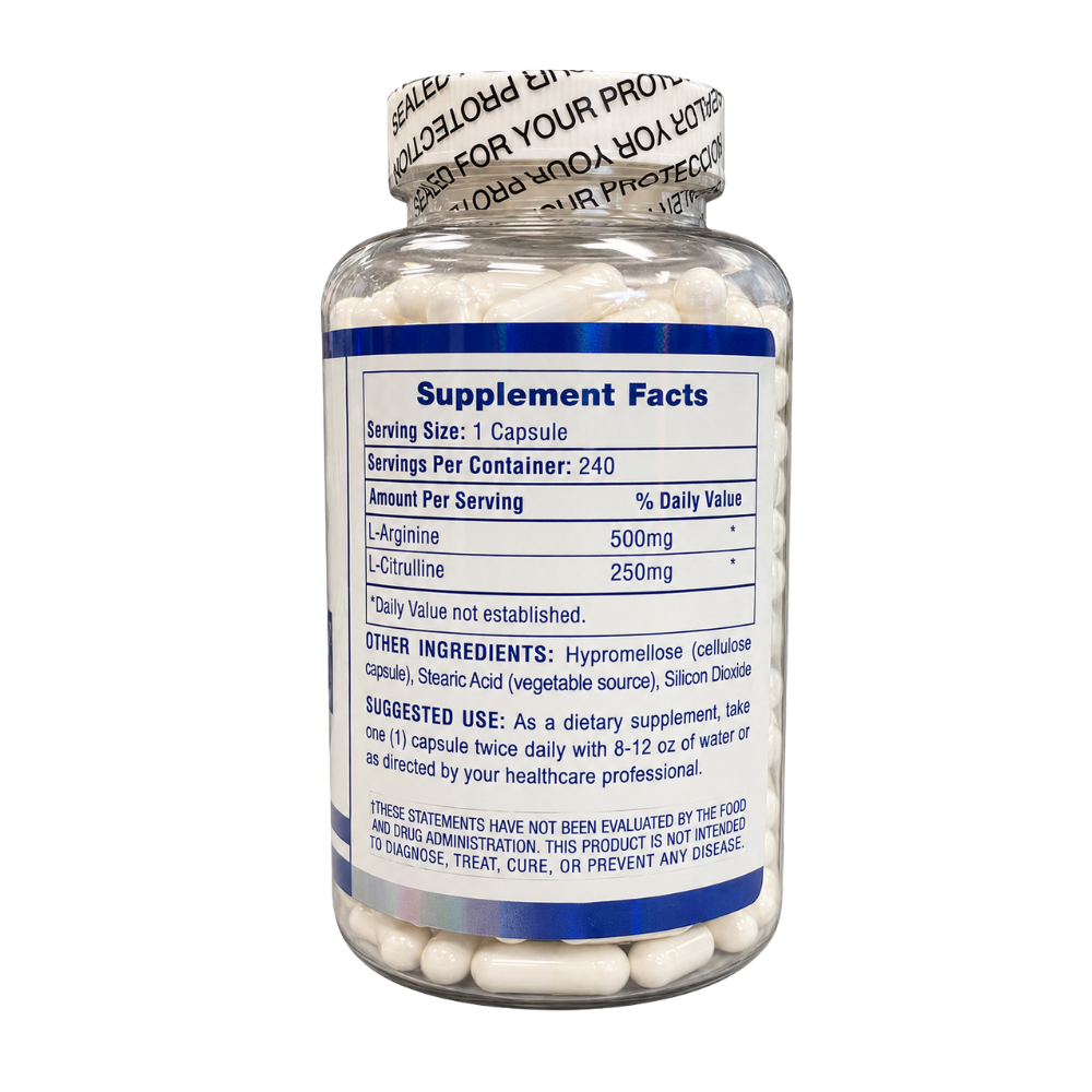 Hi-Tech Pharmaceuticals L-Arginine + Citrulline 240 Capsules supplement bottle on a white background.