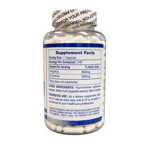 A clear plastic bottle of dietary supplements with a white cap, showing the Supplement Facts label. The bottle is filled with white capsules and contains ingredients including Hypromelose, cellulose capsule, Stearic Acid, and Silicon Dioxide.