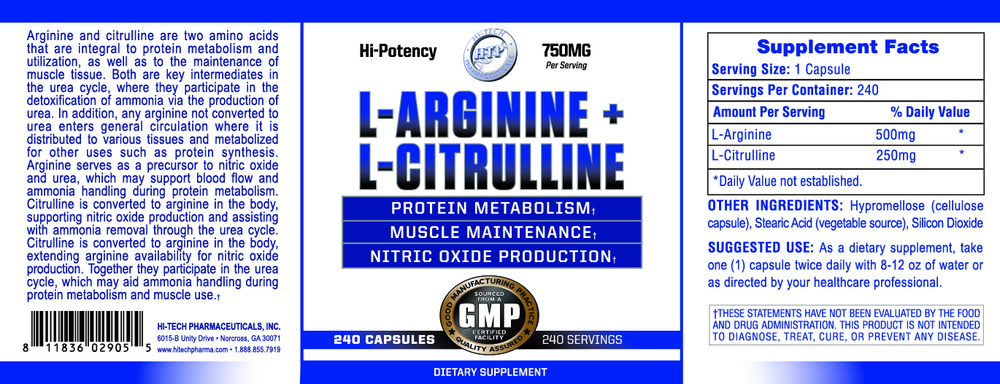 Hi-Tech Pharmaceuticals supplement bottle labeled 'L-Arginine + L-Citrulline' 240 capsules on a white background