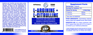 Supplement label for L-Arginine + L-Citrulline with text and graphics on a white background