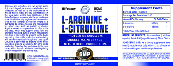 Supplement label for L-Arginine + L-Citrulline with text and graphics on a white background