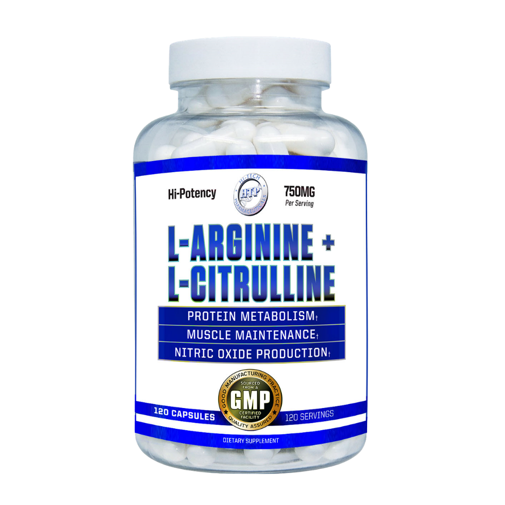 Supplement bottle labeled 'L-Arginine + L-Citrulline' on a white background