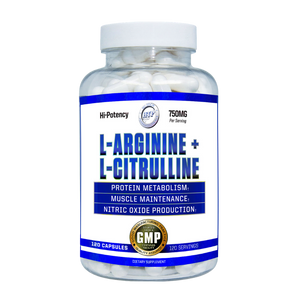 Supplement bottle labeled 'L-Arginine + L-Citrulline' on a white background