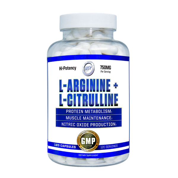 Supplement bottle labeled 'L-Arginine + L-Citrulline' on a white background