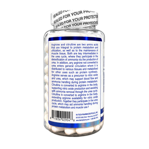 A clear supplement bottle with a white and black sealed cap, showing the back label with product information text on a white background.