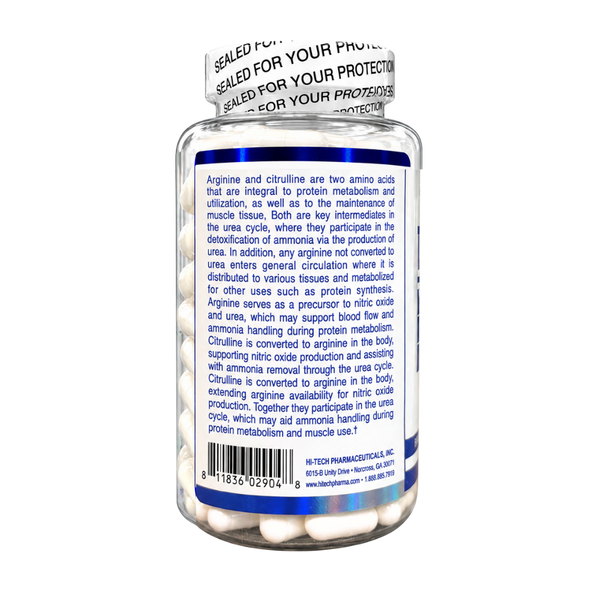 A clear supplement bottle with a white and black sealed cap, showing the back label with product information text on a white background.