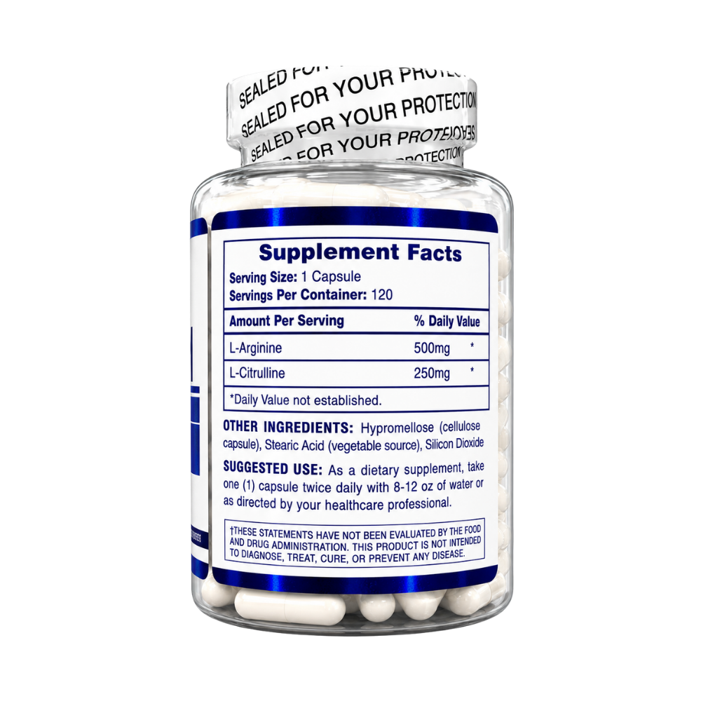 Supplement bottle labeled 'L-Arginine + L-Citrulline' on a white background