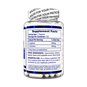 A clear supplement bottle with a white and black sealed cap, showing the back label with Supplement Facts text. The label includes L-Arginine and L-Citrulline details and usage suggestions.