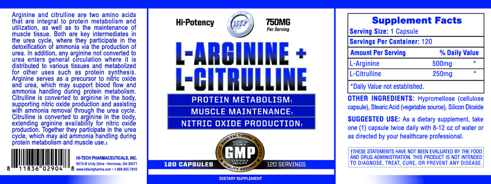 Hi-Tech Pharmaceuticals supplement bottle labeled 'L-Arginine + L-Citrulline' 120 Capsules with white background