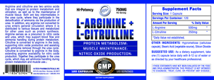 Hi-Tech Pharmaceuticals supplement label for L-Arginine + L-Citrulline 120 capsules with text and graphics.
