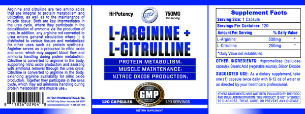 Hi-Tech Pharmaceuticals supplement label for L-Arginine + L-Citrulline 120 capsules with text and graphics.