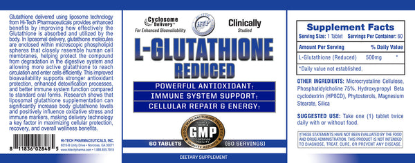 Hi-Tech Pharmaceuticals L-Glutathione 60 Tablets official label and supplement facts