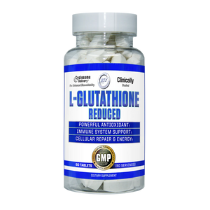 Hi-Tech Pharmaceuticals L-Glutathione 60 Tablets supplement bottle on a white background.
