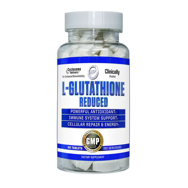 Hi-Tech Pharmaceuticals L-Glutathione 60 Tablets supplement bottle on a white background.