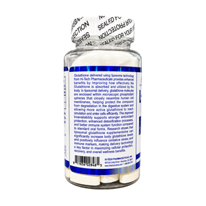 A clear plastic bottle of Glutathone dietary supplement with a white and black foil seal cap, showing the back label with blue text and a barcode on a white background.