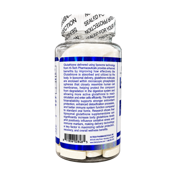 A clear plastic bottle of Glutathone dietary supplement with a white and black foil seal cap, showing the back label with blue text and a barcode on a white background.