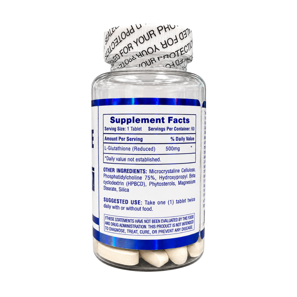 Hi-Tech Pharmaceuticals L-Glutathione 60 Tablets supplement bottle on a white background.