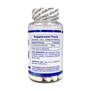 A clear plastic bottle of dietary supplements with a white cap, showing the Supplement Facts label. The label is white with blue text and borders, and the bottle contains white tablets.