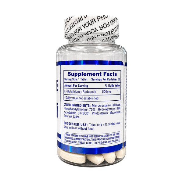 A clear plastic bottle of dietary supplements with a white cap, showing the Supplement Facts label. The label is white with blue text and borders, and the bottle contains white tablets.