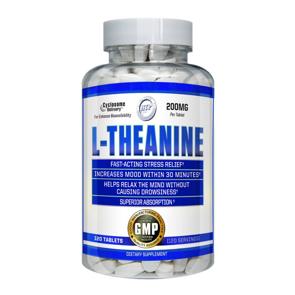 Supplement bottle labeled 'L-Theanine' with white pills on a white background