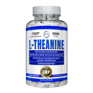 Supplement bottle labeled 'L-Theanine' with white pills on a white background