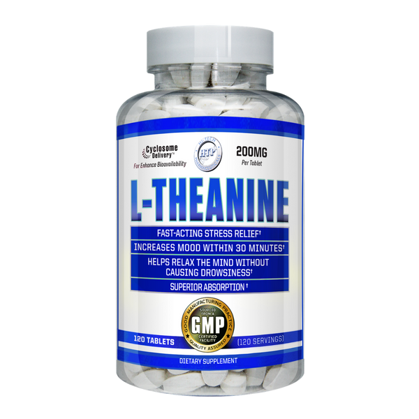 Supplement bottle labeled 'L-Theanine' with white pills on a white background