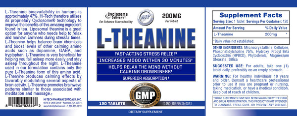 L-Theanine supplement label with blue and white design
