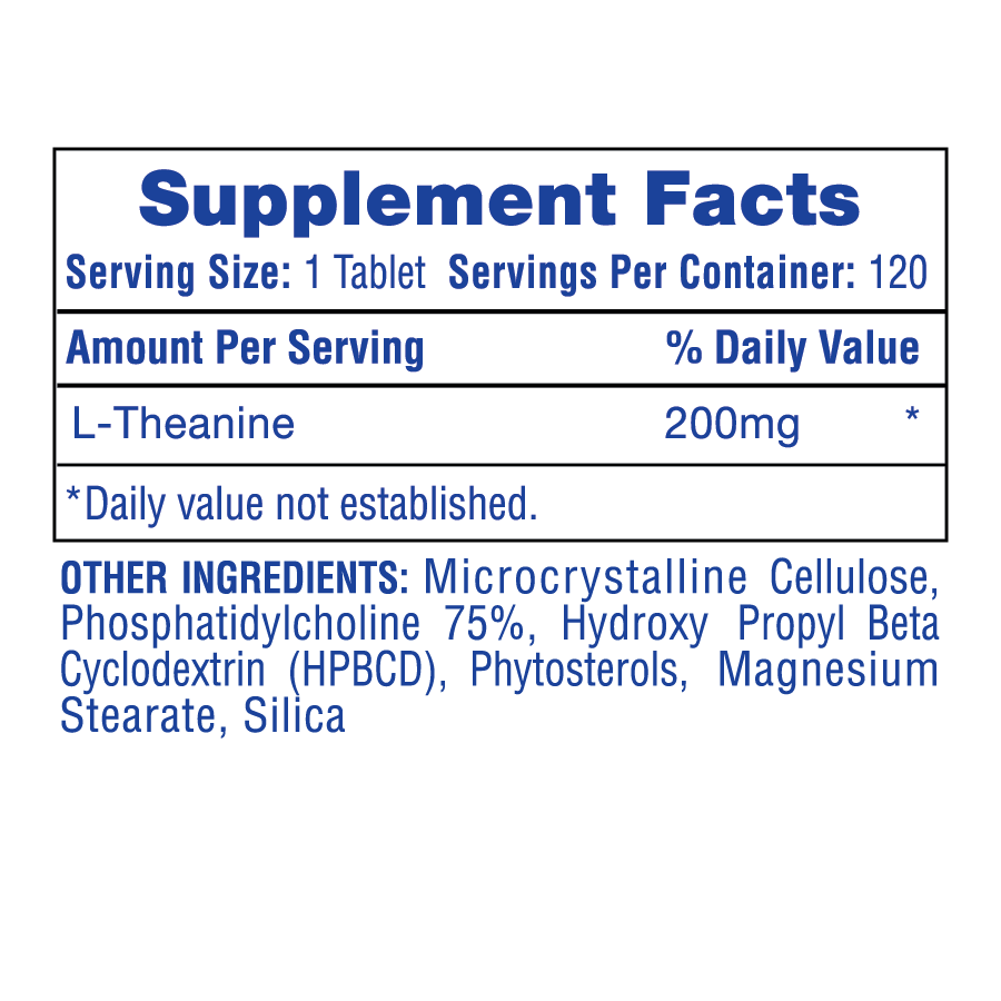 Supplement bottle labeled 'L-Theanine' with white pills on a white background