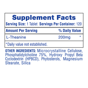 Supplement facts label with L-Theanine content on a white background