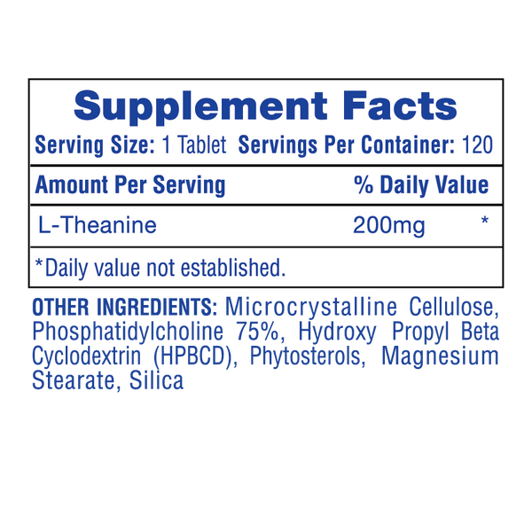 Supplement facts label with L-Theanine content on a white background