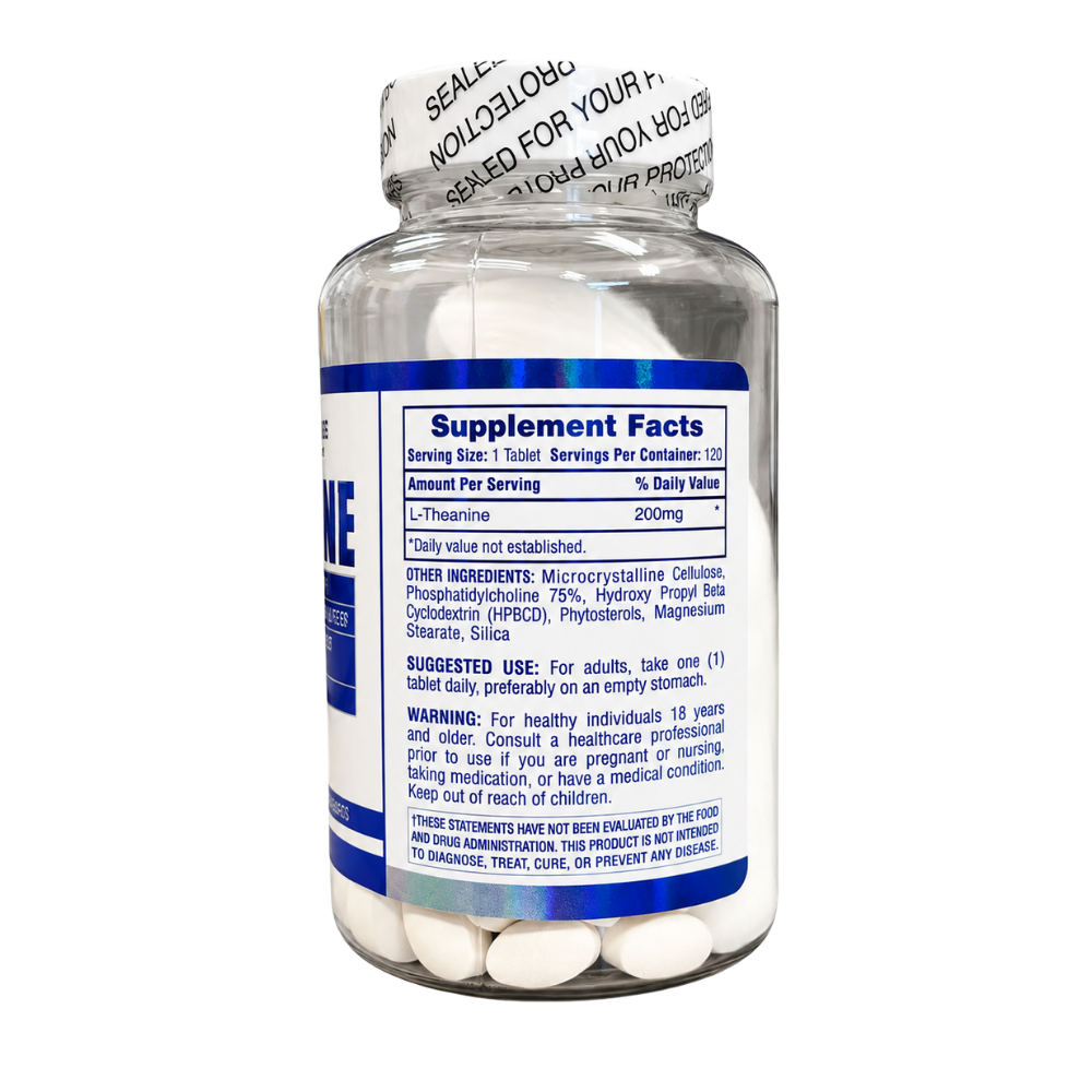 Supplement bottle labeled 'L-Theanine' with white pills on a white background
