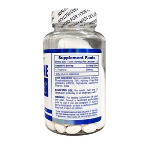 A clear plastic bottle of dietary supplements with a white cap and a blue-and-white label, shown on a plain white background. The label includes 'Supplement Facts' and 'WARNING' text.
