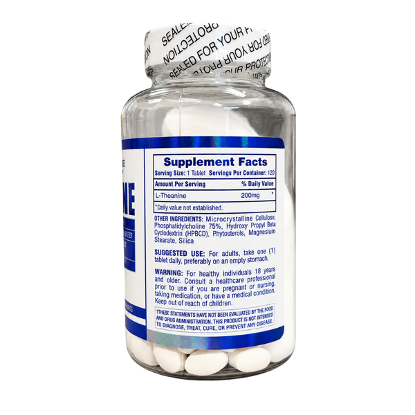 A clear plastic bottle of dietary supplements with a white cap and a blue-and-white label, shown on a plain white background. The label includes 'Supplement Facts' and 'WARNING' text.