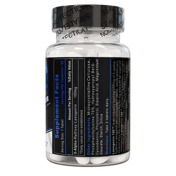  Hi-Tech Pharmaceuticals Laxogenin 100 supplement facts on bottle on a white background