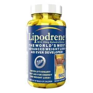 Bottle of Lipodrene weight loss supplement with blue label and yellow capsules on a white background