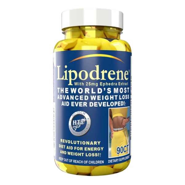 Bottle of Lipodrene weight loss supplement with blue label and yellow capsules on a white background