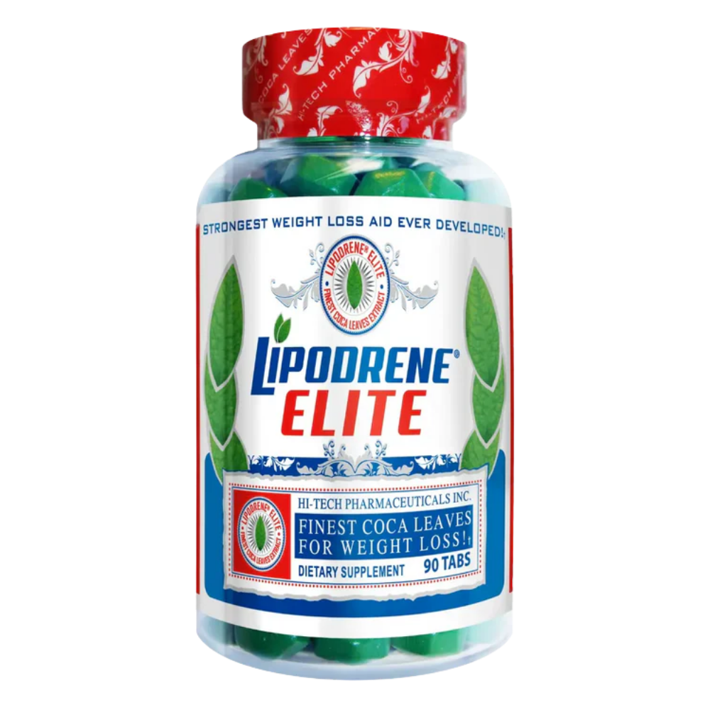 A bottle of Lipodrene Elite dietary supplement by H-Tech Pharmaceuticals, containing 90 green tablets visible through a clear bottle with a red and white cap.