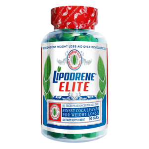A bottle of Lipodrene Elite dietary supplement by H-Tech Pharmaceuticals, containing 90 green tablets visible through a clear bottle with a red and white cap.