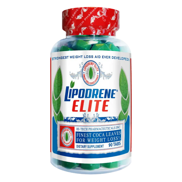 A bottle of Lipodrene Elite dietary supplement by H-Tech Pharmaceuticals, containing 90 green tablets visible through a clear bottle with a red and white cap.