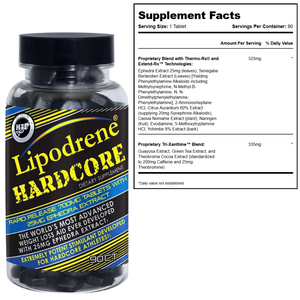 Hi-Tech Pharmaceuticals Lipodrene Hardcore 90ct Supplement Bottle and Supplement Label