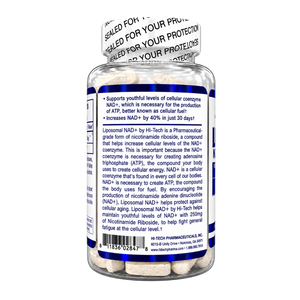 A clear plastic bottle of Liposomal NAD+ supplement with a white cap, shown from the back. The label is white with blue text and features the brand name Hi-Tech Pharmaceutical and the product name Liposomal NAD+ with descriptive text about cellular energy and NAD+ levels.