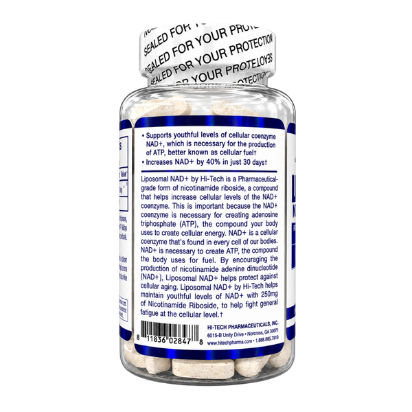 A clear plastic bottle of Liposomal NAD+ supplement with a white cap, shown from the back. The label is white with blue text and features the brand name Hi-Tech Pharmaceutical and the product name Liposomal NAD+ with descriptive text about cellular energy and NAD+ levels.