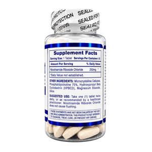 A clear plastic supplement bottle with a white and blue label showing Supplement Facts, containing beige tablets, on a white background.